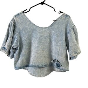 Denim bow distressed vintage short sleeve crop blouse